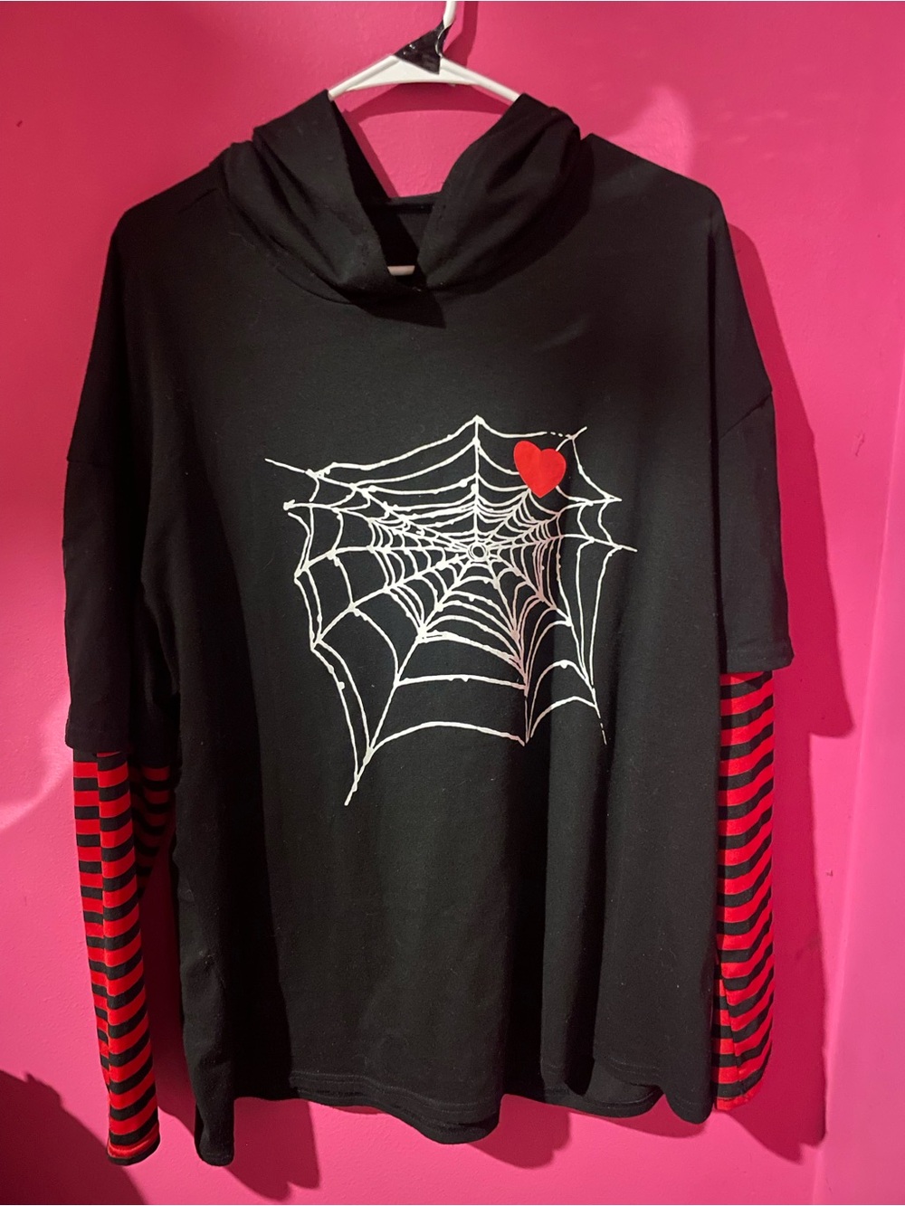 Oversized Black and Red Hooded striped long sleeve teee